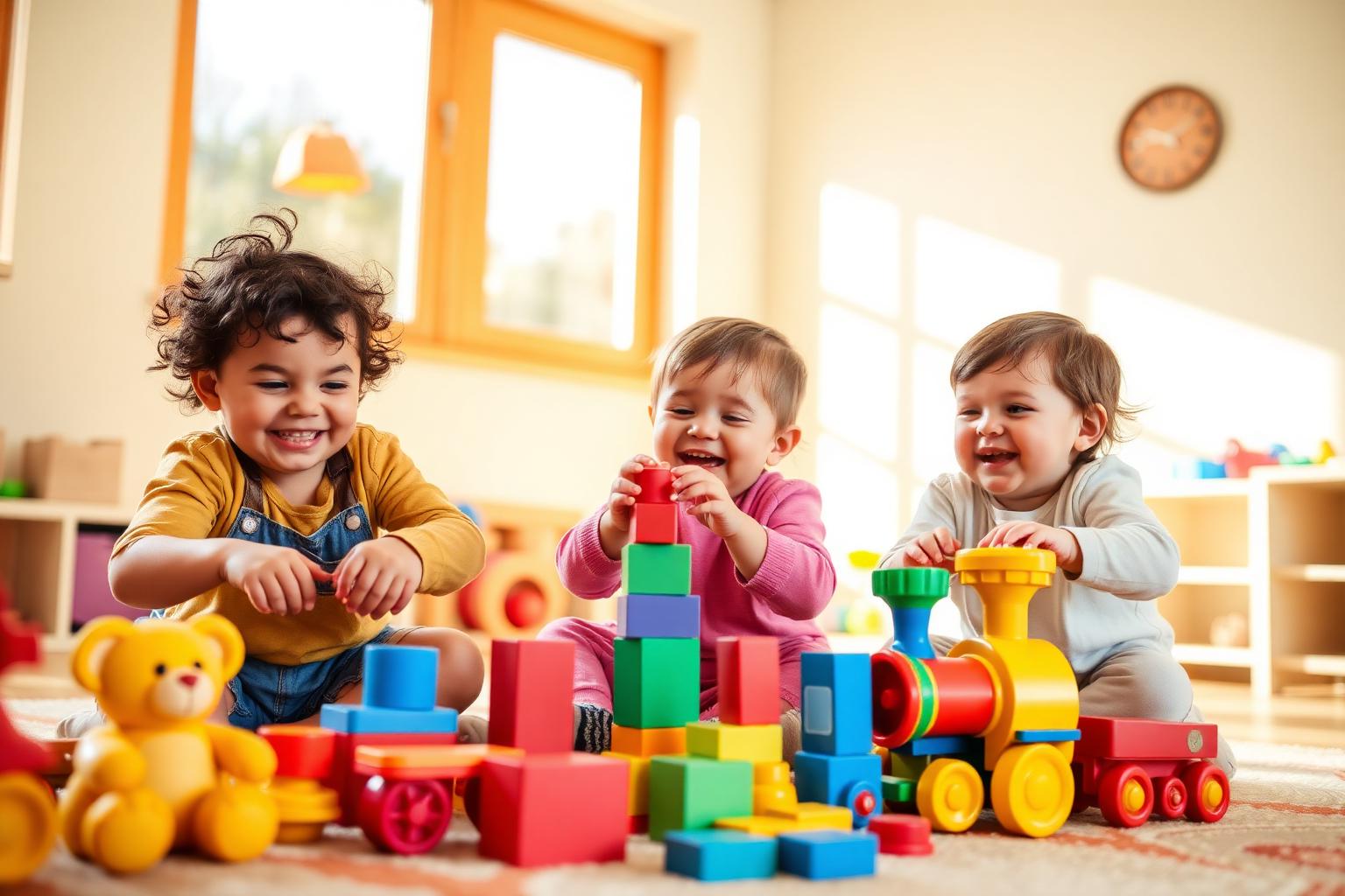 Happy kids playing with colourful toys